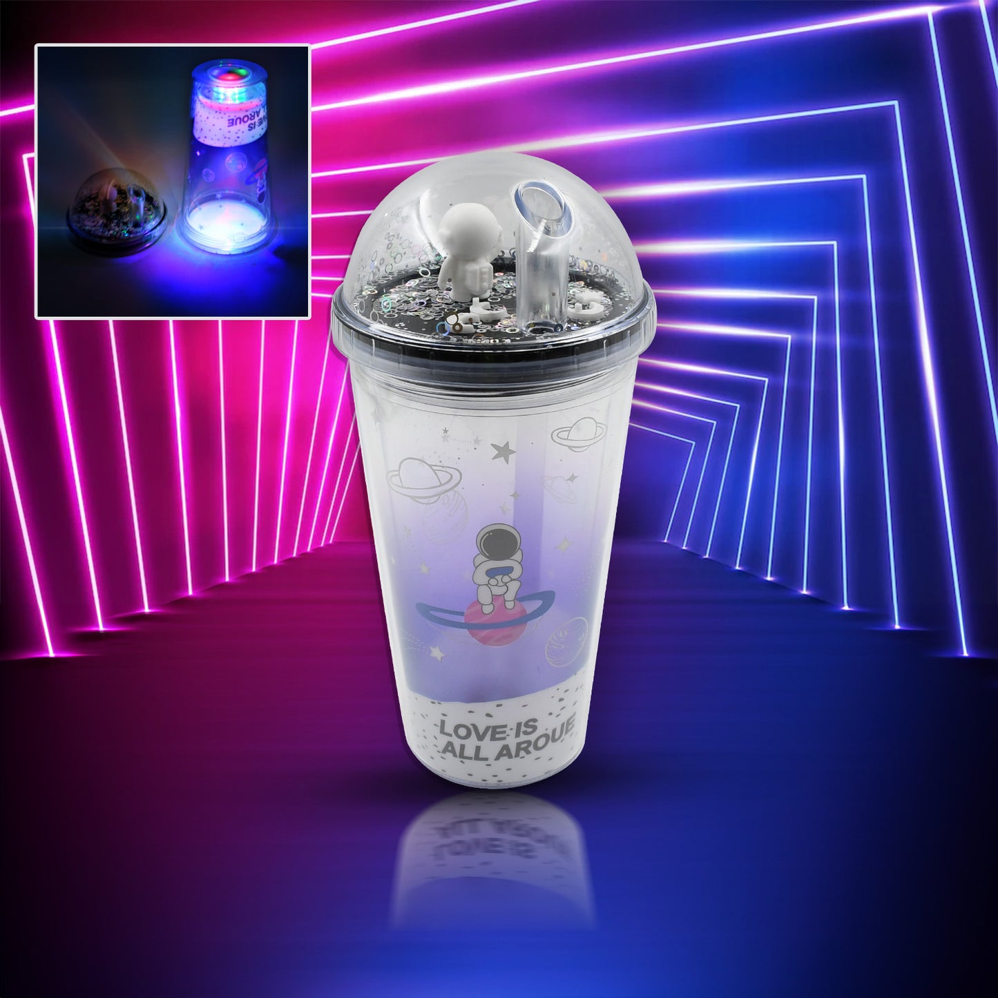 6883b Led Glow Light Design Printed Insulated Double Wall Plastic Tumbler Cups With Straws 13oz Theming Astronaut In Space Travel Tumbler Freezer Mug Drinking Cups For Boys And Girls Schooltuitiongym Picnic (Pack Of 1)