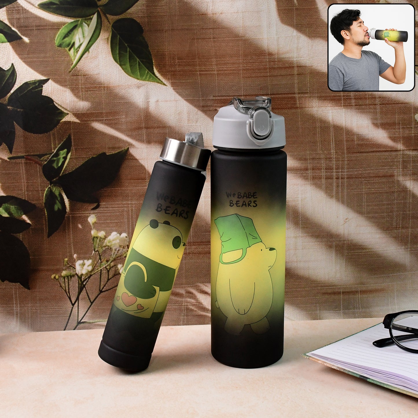 Cartoon Printed Water Bottles 900 Ml 300 Ml (2 Pc)