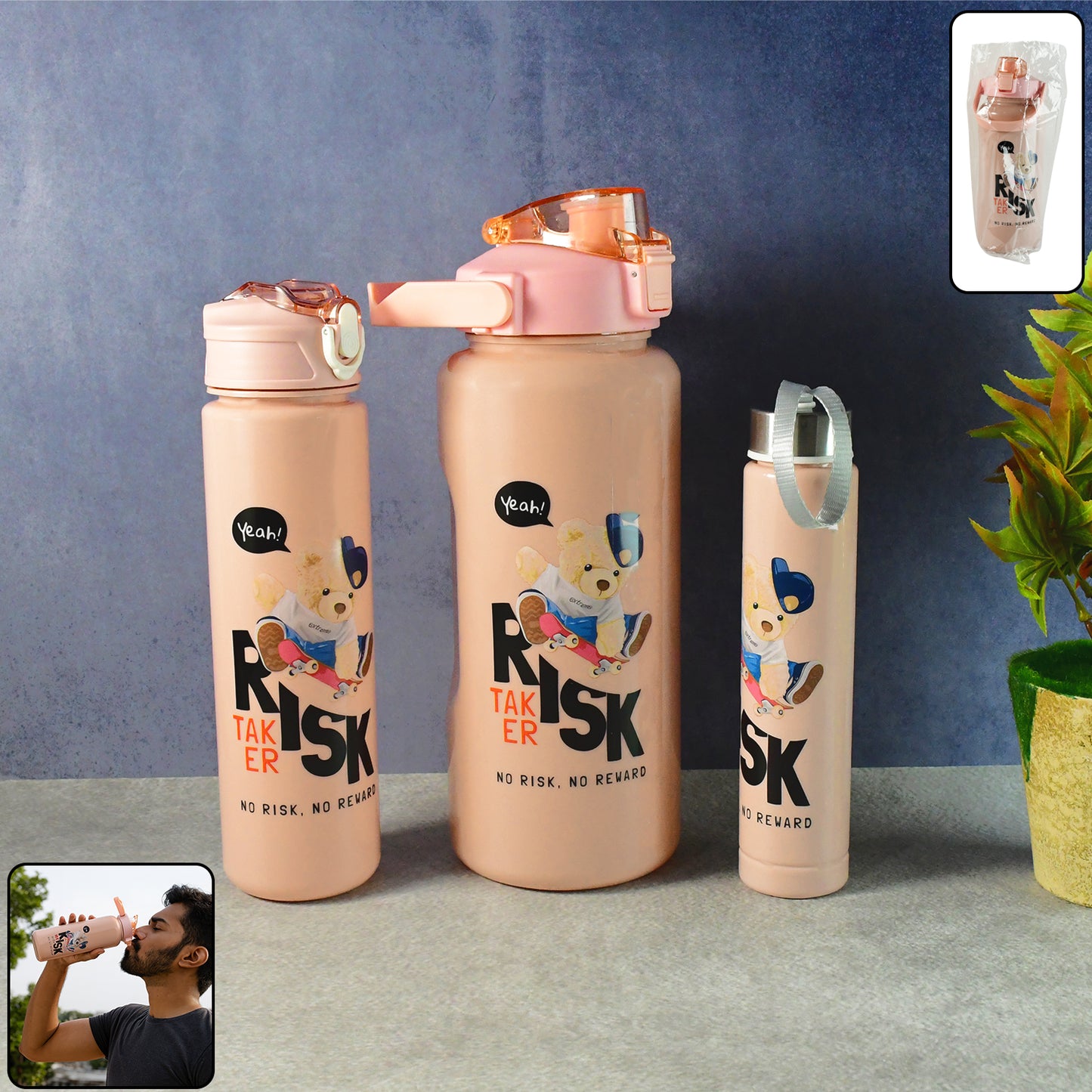 Cartoon Printed Water Bottle - (3 Pc Set)