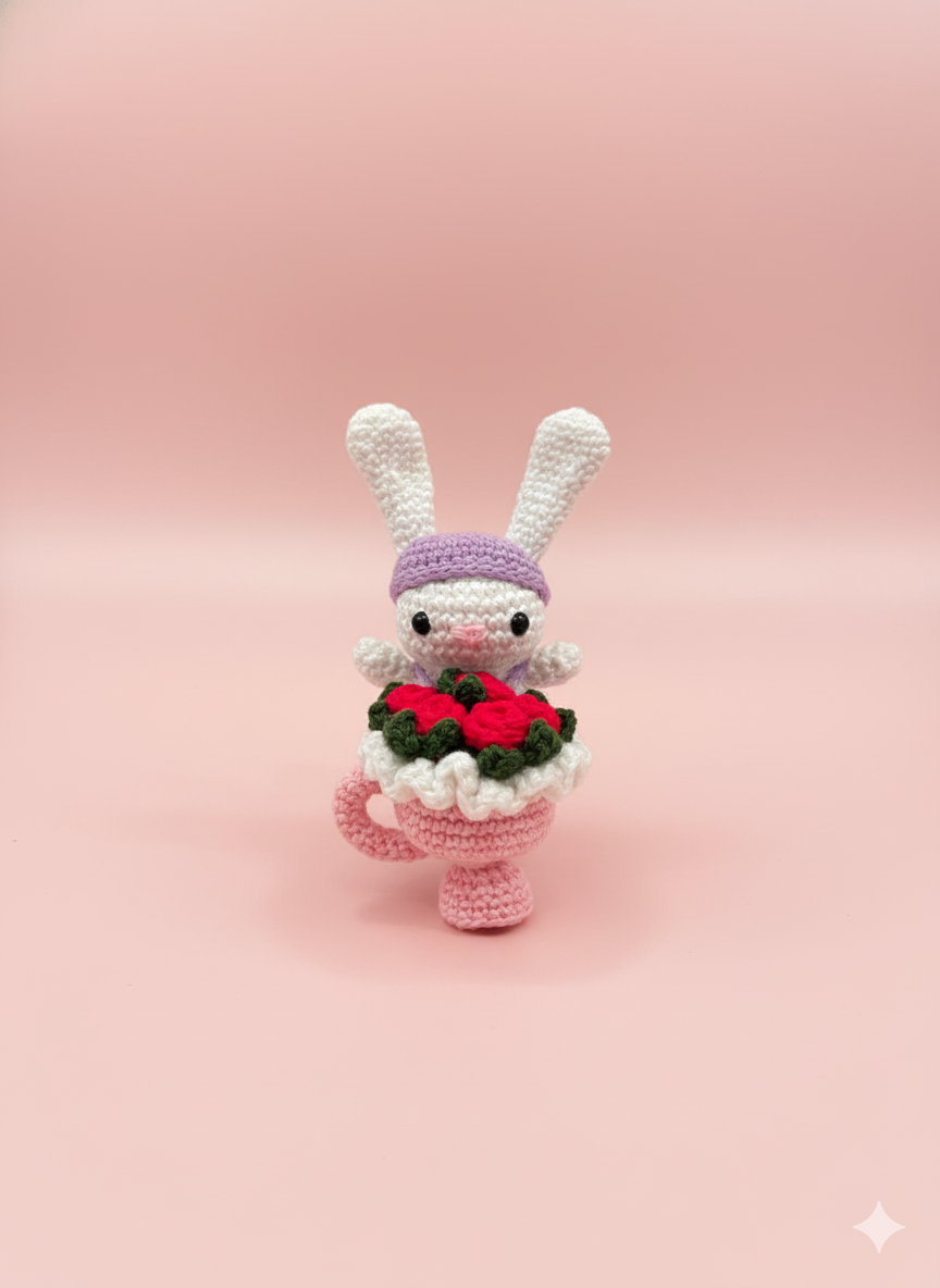 Handmade Small Crochet Bunny with Small Floral Bouquet – Cute Amigurumi Gift & Home Decor