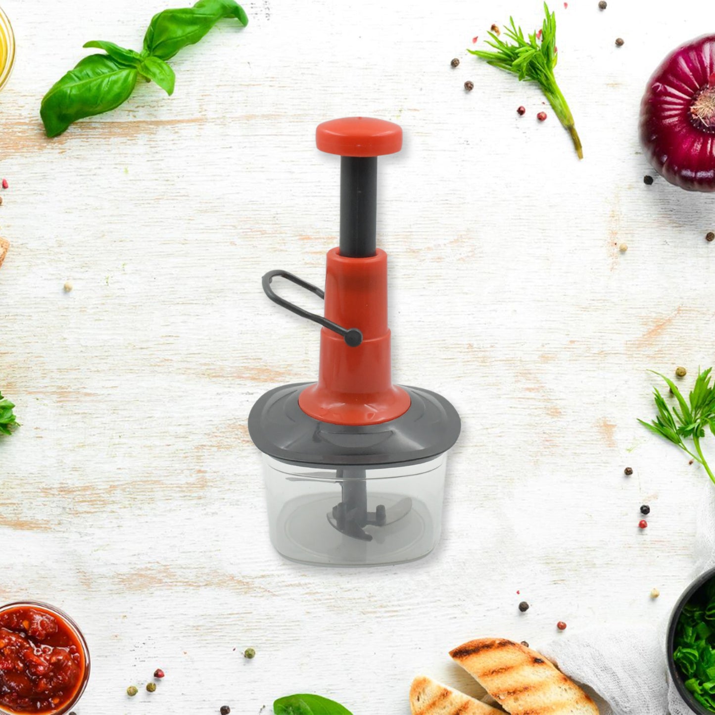 5790 Manual Press Fruit Vegetable Chopper With 3 Stainless Steel Blades Anti-slip Base And Locking System Cutting Chopper For Kitchen (650 Ml)