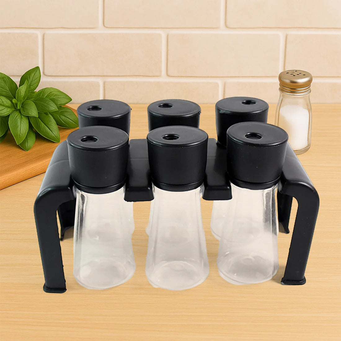 6 piece spice jar set, plastic spice jars with stand, spice rack organizer, kitchen spice storage, spice jar set with stand, rotating spice rack, spice container set, seasoning jar set, herb and spice jars