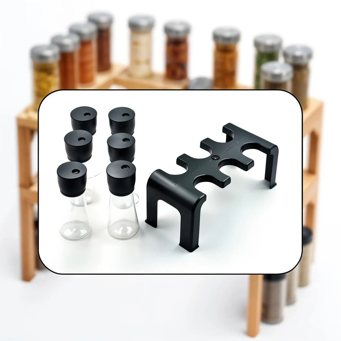 6 piece spice jar set, plastic spice jars with stand, spice rack organizer, kitchen spice storage, spice jar set with stand, rotating spice rack, spice container set, seasoning jar set, herb and spice jars