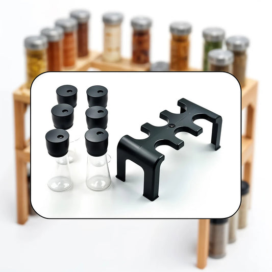 6 piece spice jar set, plastic spice jars with stand, spice rack organizer, kitchen spice storage, spice jar set with stand, rotating spice rack, spice container set, seasoning jar set, herb and spice jars