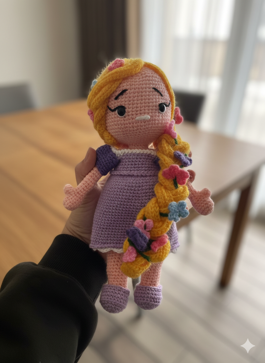 Handmade Crochet Princess Doll with Braided Hair | Soft Amigurumi Girl Doll | Floral Hair Plush Toy | Perfect Gift for Kids