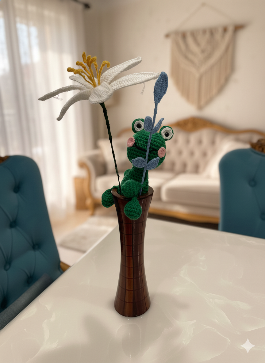 Handmade Crochet Frog with Flower and Leaf Stem – Cute Yarn Art Home Décor Gift | Whimsical Handmade Crochet Plush & Bloom Arrangement | Aesthetic Craft Decoration for Room or Desk (Vase not included)