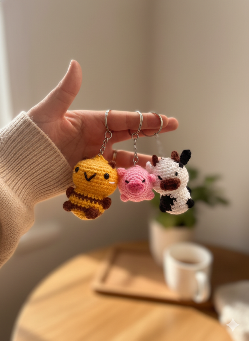 Farm Friends Trio Handmade Crochet Bee Pig & Cow Keychain Set | Cute Animal Bag Charms