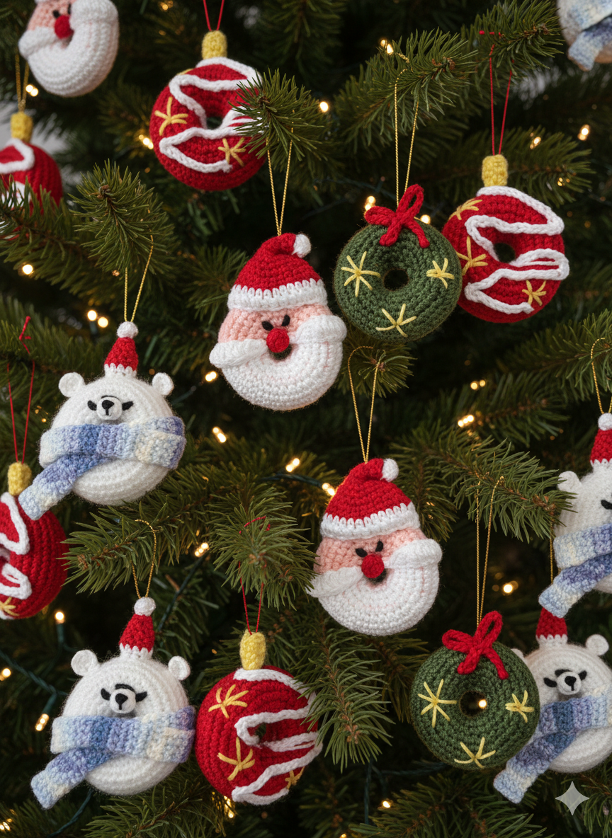 (Set of 12) Handmade Crochet Christmas Tree Ornaments – Santa Donut, Polar Bear, Wreath & Festive Donut Set – Cute Holiday Decorations for Gifting & Home Décor
