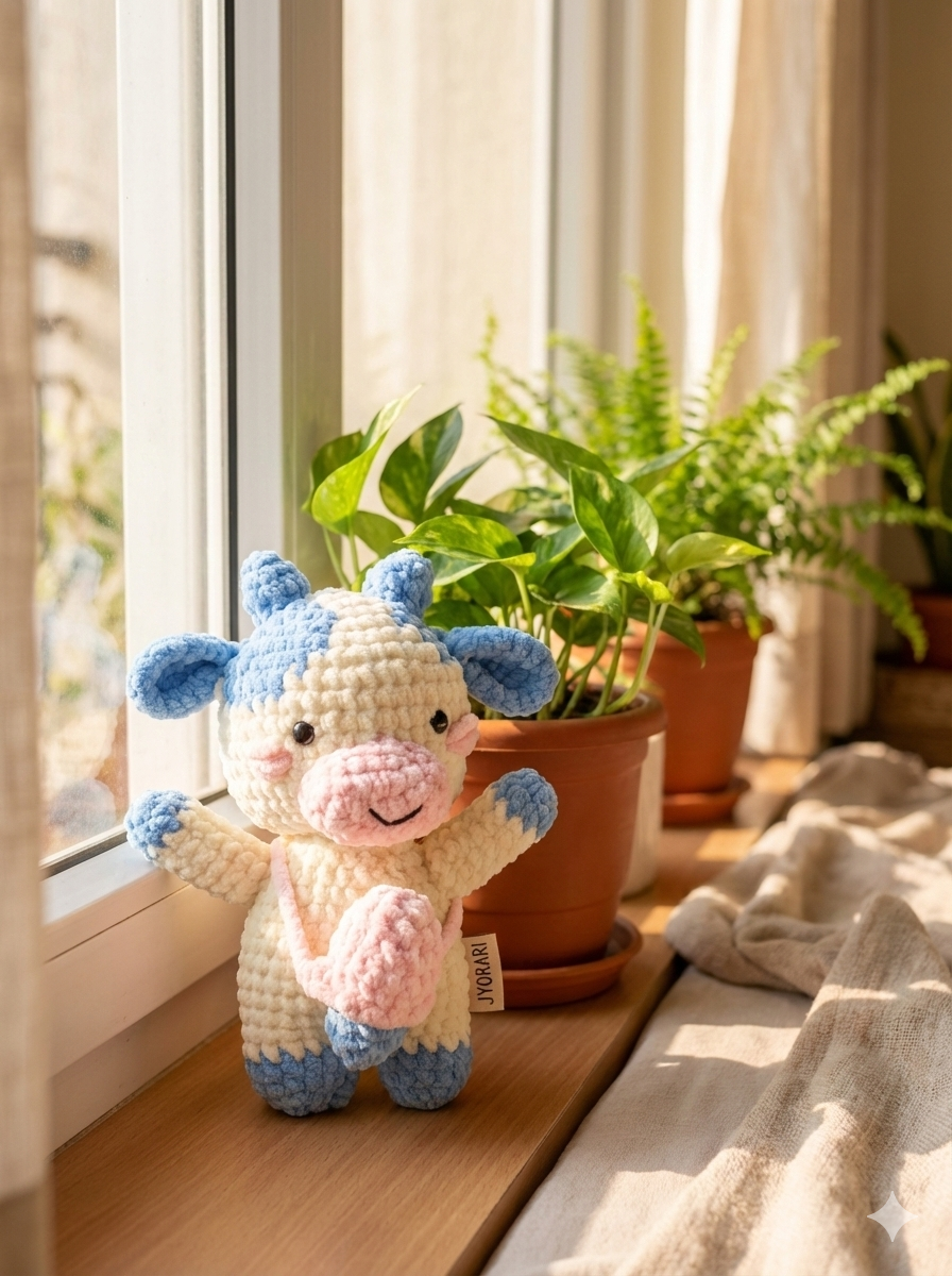 Handmade Crochet Cow Plush Toy – Soft Velvet Amigurumi Cow with Pouch, Pastel Stuffed Animal Gift for Baby, Kids & Nursery Décor