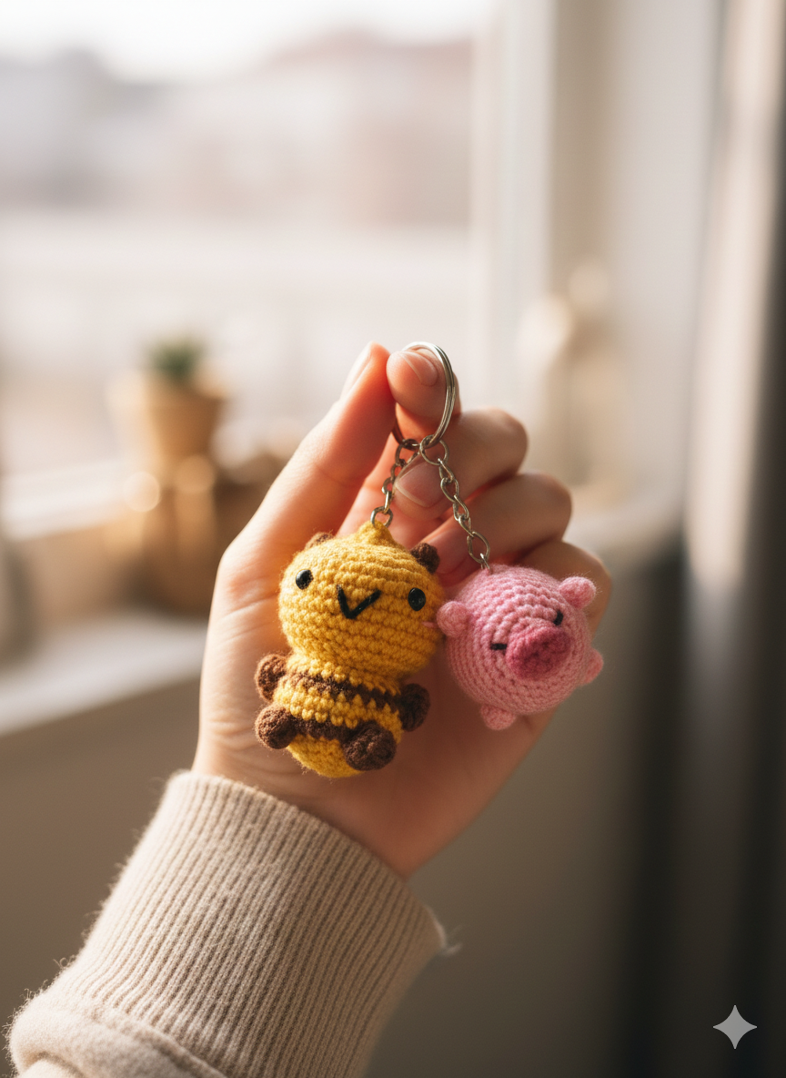 Buzz & Snouty Duo Handmade Crochet Bee & Pig Keychain Set | Cute Animal Bag Charms