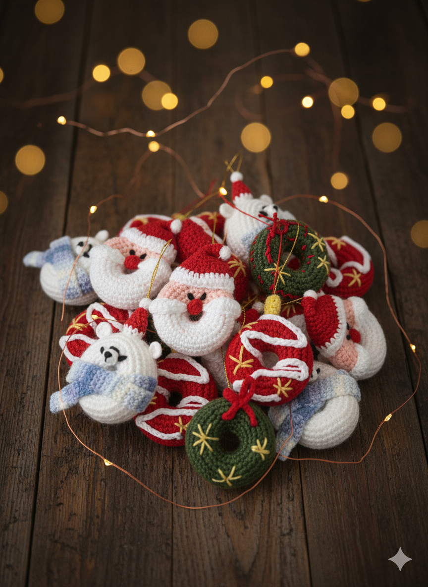 (Set of 12) Handmade Crochet Christmas Tree Ornaments – Santa Donut, Polar Bear, Wreath & Festive Donut Set – Cute Holiday Decorations for Gifting & Home Décor