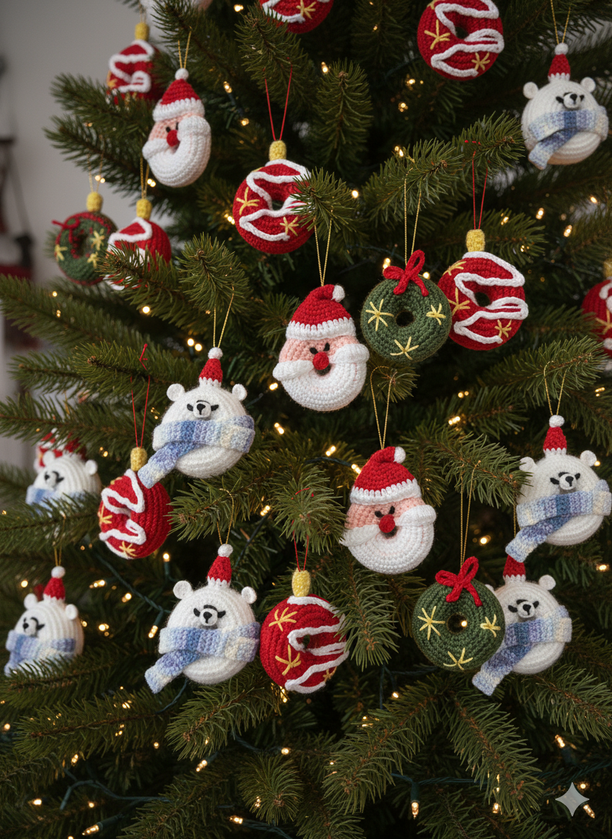 (Set of 12) Handmade Crochet Christmas Tree Ornaments – Santa Donut, Polar Bear, Wreath & Festive Donut Set – Cute Holiday Decorations for Gifting & Home Décor