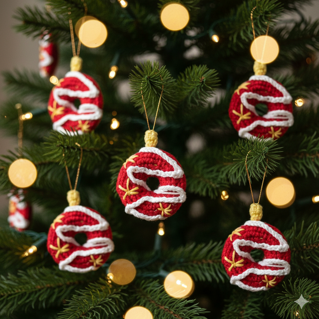(Set of 12) Handmade Crochet Red Christmas Donut Ornament – Cute Holiday Tree Decoration