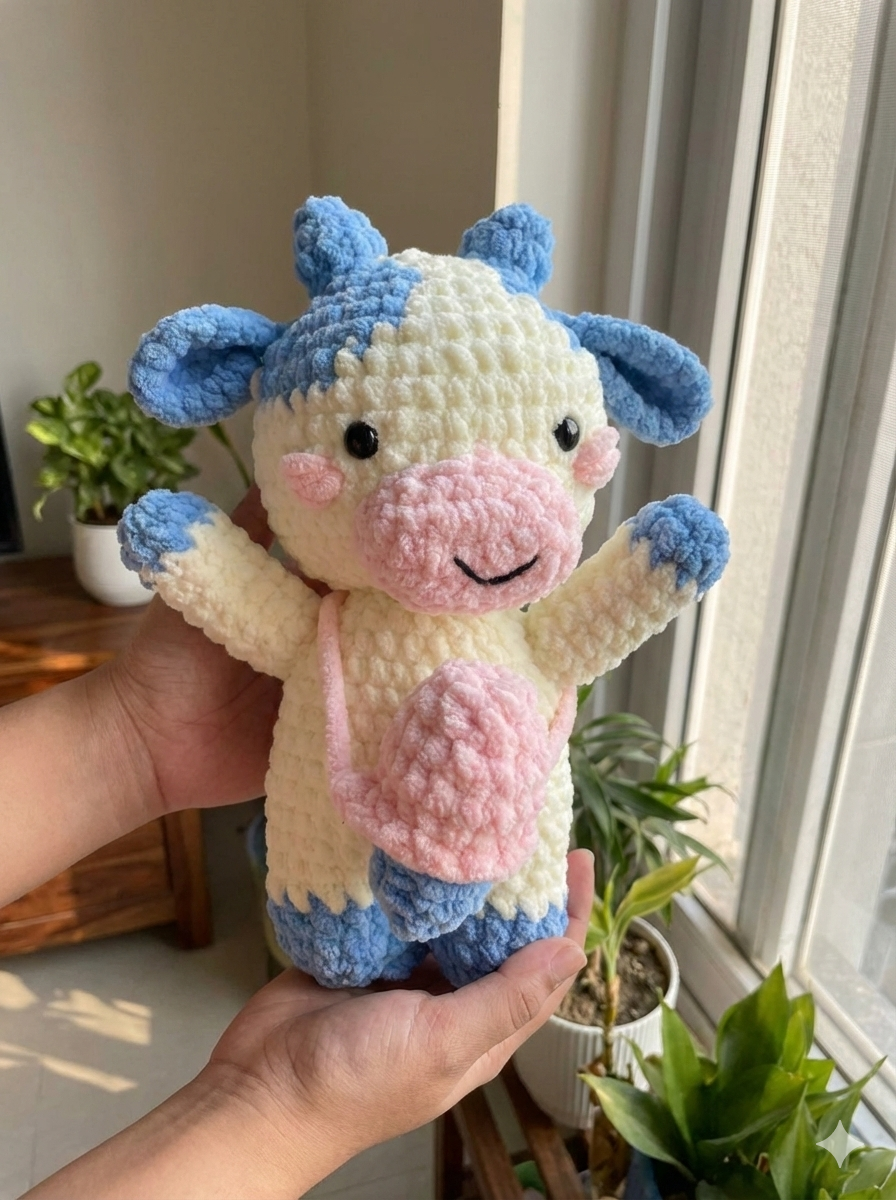 Handmade Crochet Cow Plush Toy – Soft Velvet Amigurumi Cow with Pouch, Pastel Stuffed Animal Gift for Baby, Kids & Nursery Décor