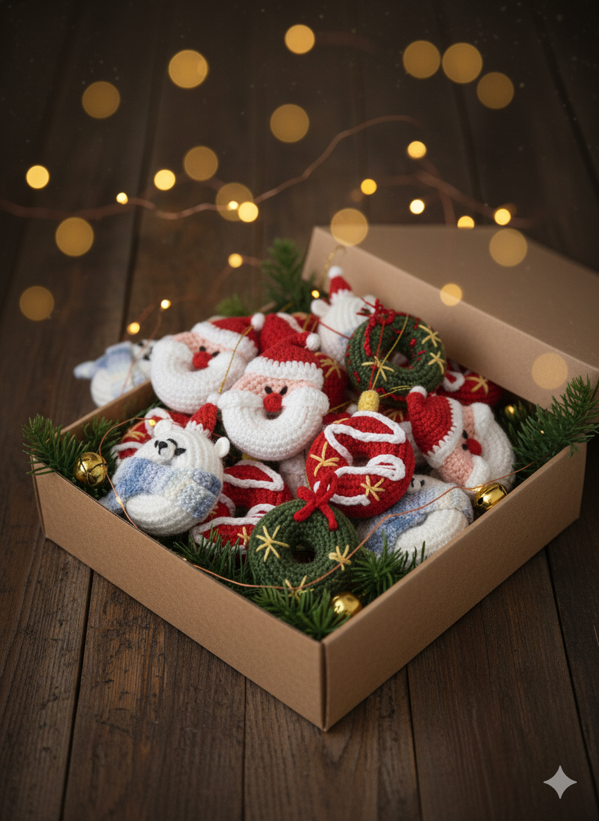 (Set of 12) Handmade Crochet Christmas Tree Ornaments – Santa Donut, Polar Bear, Wreath & Festive Donut Set – Cute Holiday Decorations for Gifting & Home Décor