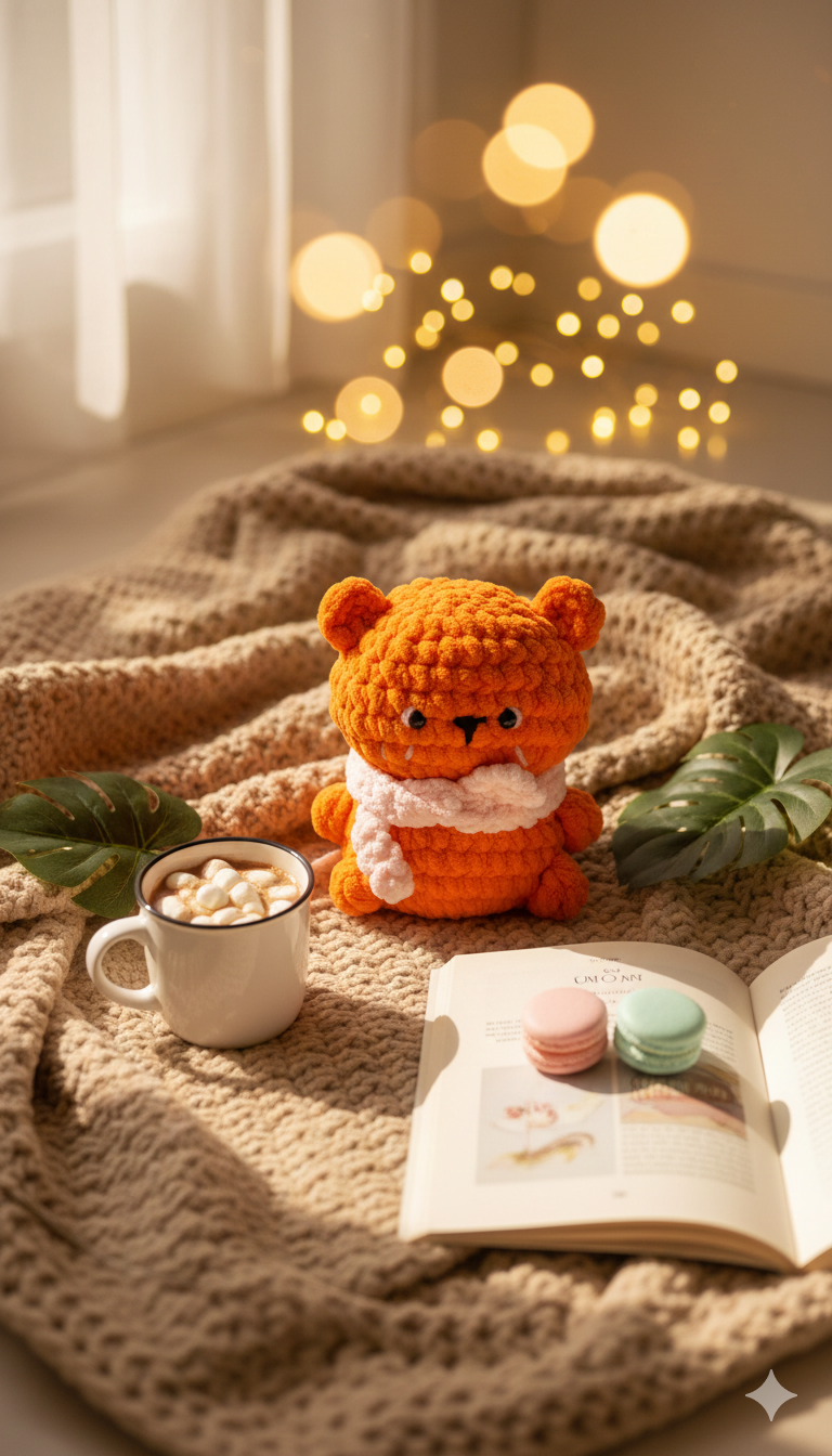 JYORARI Handmade Orange Kawaii Plush Toy with Pink Crochet Scarf – Soft Velvet Yarn Stuffed Animal, Cute Gift for Kids, Babies & Home Décor