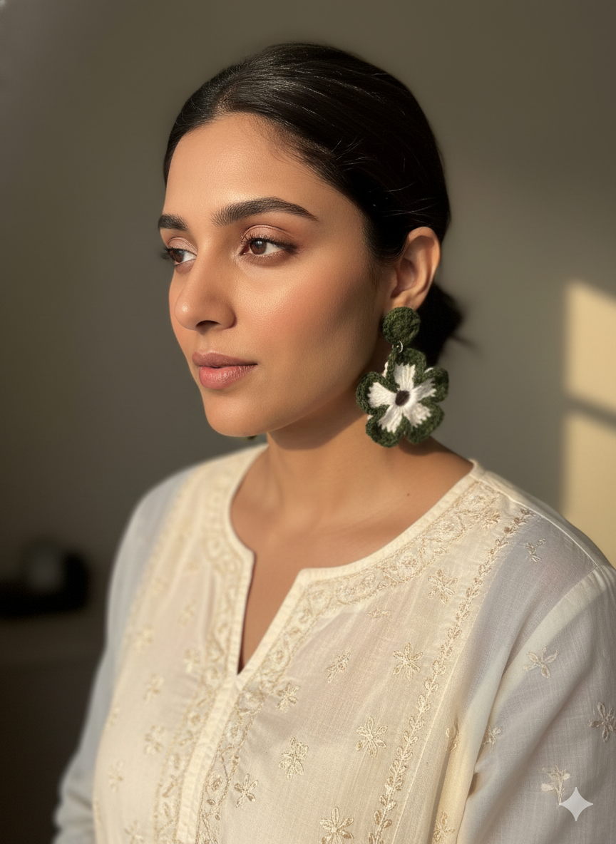 Handmade Crochet Flower Earrings | Boho Floral Dangle Earrings | Lightweight Cotton Yarn Earrings | Minimal Aesthetic Jewelry