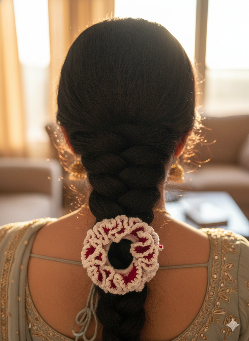 Handmade Crochet Gajra Scrunchie for Women – Floral Hair Bun & Braid Accessory | Traditional Ethnic Hair Tie for Weddings, Festivals & Puja