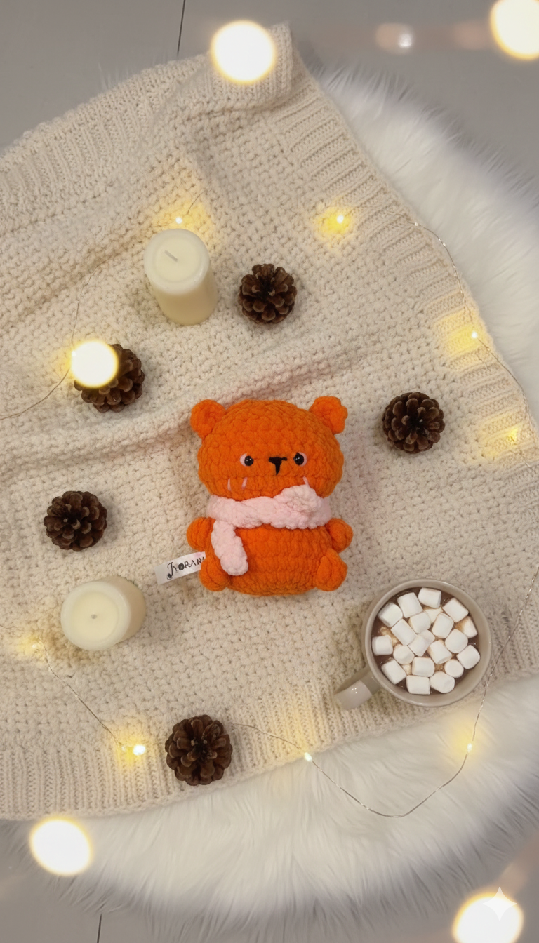 JYORARI Handmade Orange Kawaii Plush Toy with Pink Crochet Scarf – Soft Velvet Yarn Stuffed Animal, Cute Gift for Kids, Babies & Home Décor