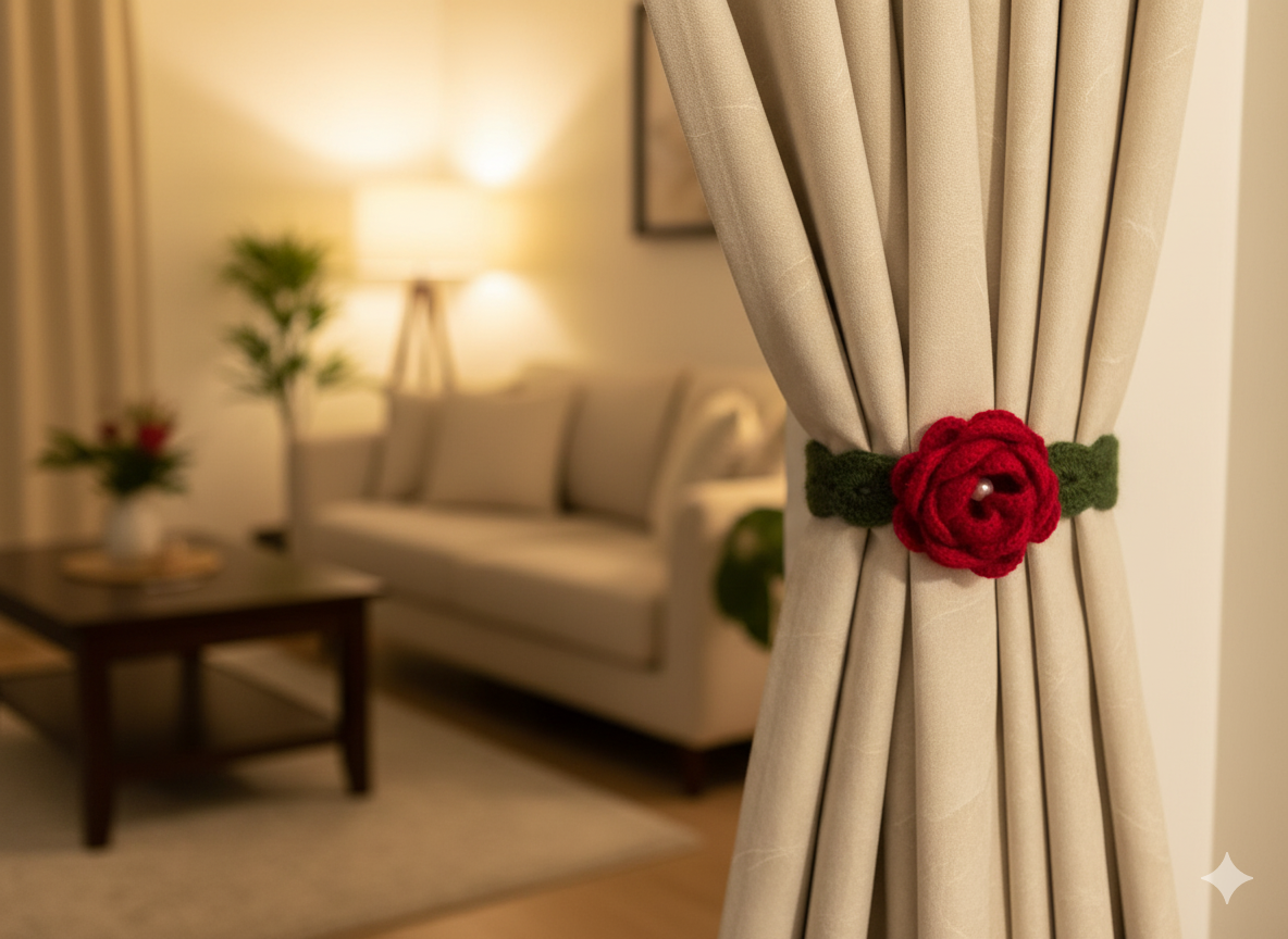 (Set of 2) Handmade Crochet Rose Curtain Tieback – Elegant Red Flower Curtain Holder with Pearl Center | Home Décor Accessories