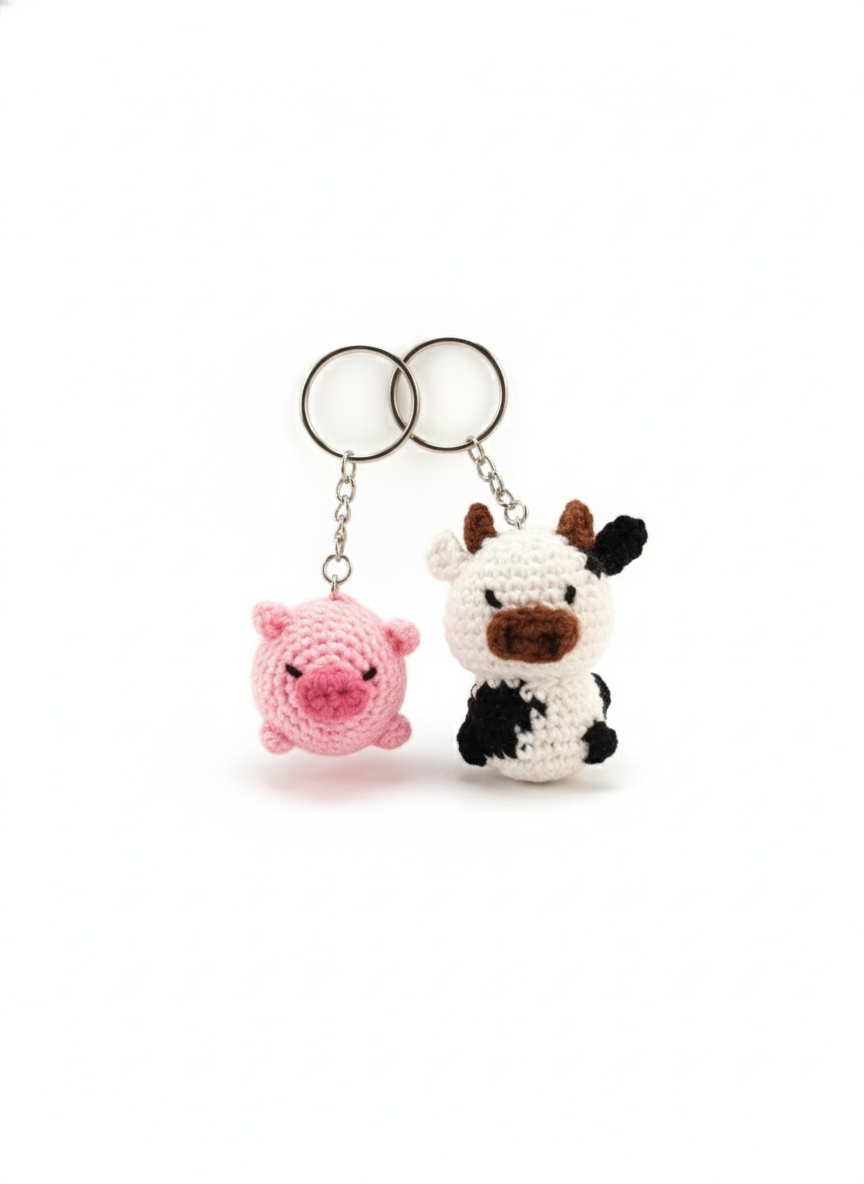 Snouty & Moo Duo Handmade Crochet Pig & Cow Keychain Set | Cute Farm Animal Charms