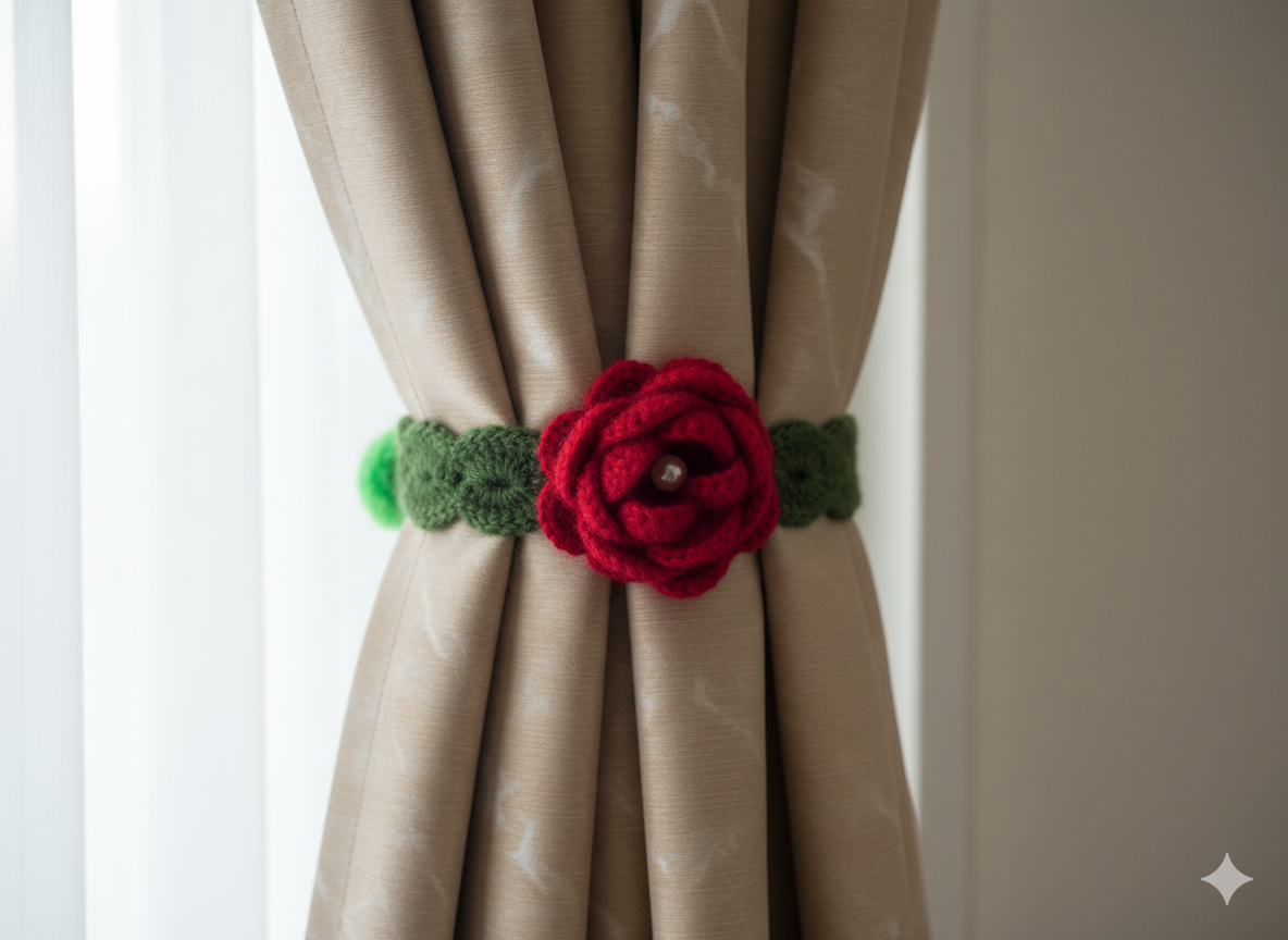 (Set of 2) Handmade Crochet Rose Curtain Tieback – Elegant Red Flower Curtain Holder with Pearl Center | Home Décor Accessories
