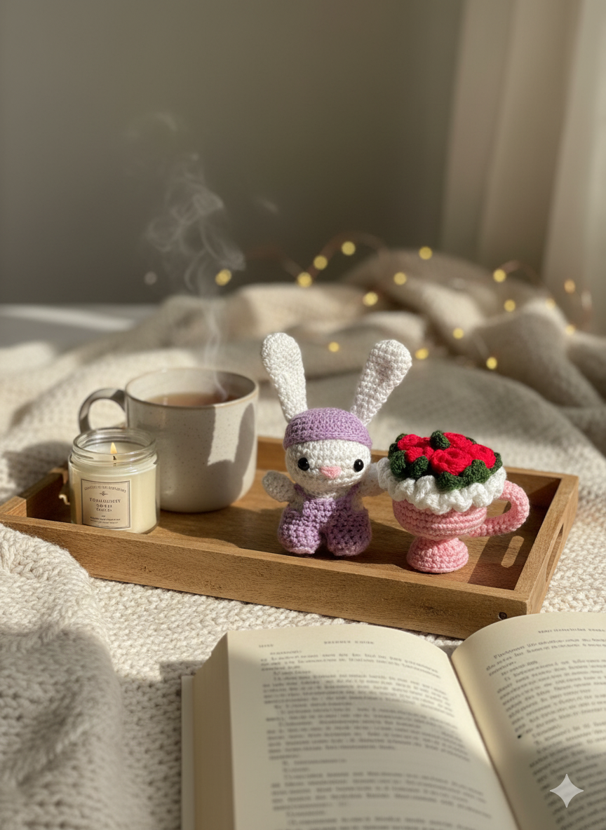 Handmade Small Crochet Bunny with Small Floral Bouquet – Cute Amigurumi Gift & Home Decor