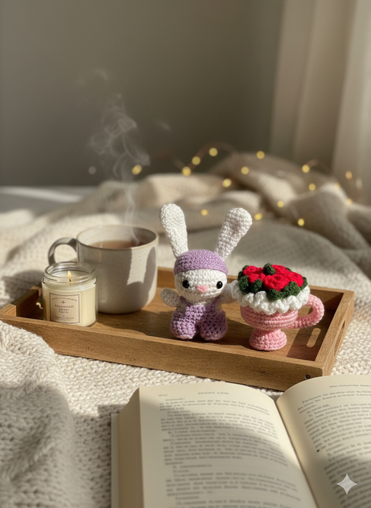 Handmade Small Crochet Bunny with Small Floral Bouquet – Cute Amigurumi Gift & Home Decor