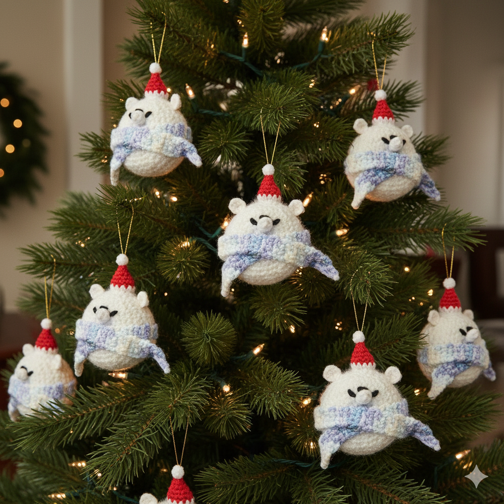 (Set of 12) Handmade Crochet Polar Bear Ornament with Scarf – Winter Christmas Tree Décor
