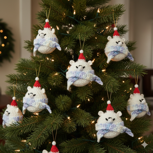 (Set of 12) Handmade Crochet Polar Bear Ornament with Scarf – Winter Christmas Tree Décor