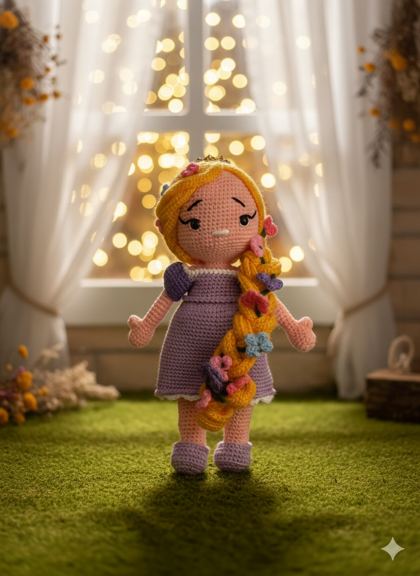 Handmade Crochet Princess Doll with Braided Hair | Soft Amigurumi Girl Doll | Floral Hair Plush Toy | Perfect Gift for Kids