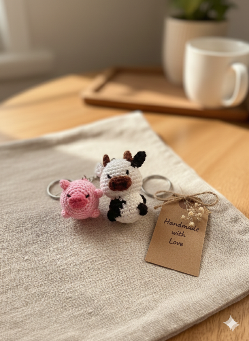 Snouty & Moo Duo Handmade Crochet Pig & Cow Keychain Set | Cute Farm Animal Charms