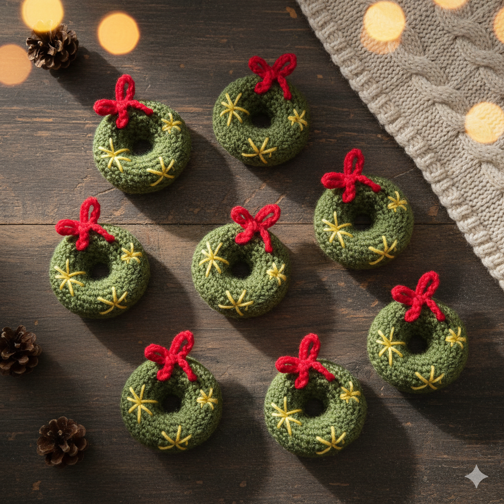 (Set of 12) Handmade Crochet Green Wreath Donut Ornament – Christmas Tree Decoration with Bow & Stars