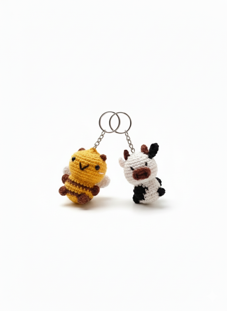 Buzz & Moo Duo Handmade Crochet Bee & Cow Keychain Set | Cute Animal Key Rings