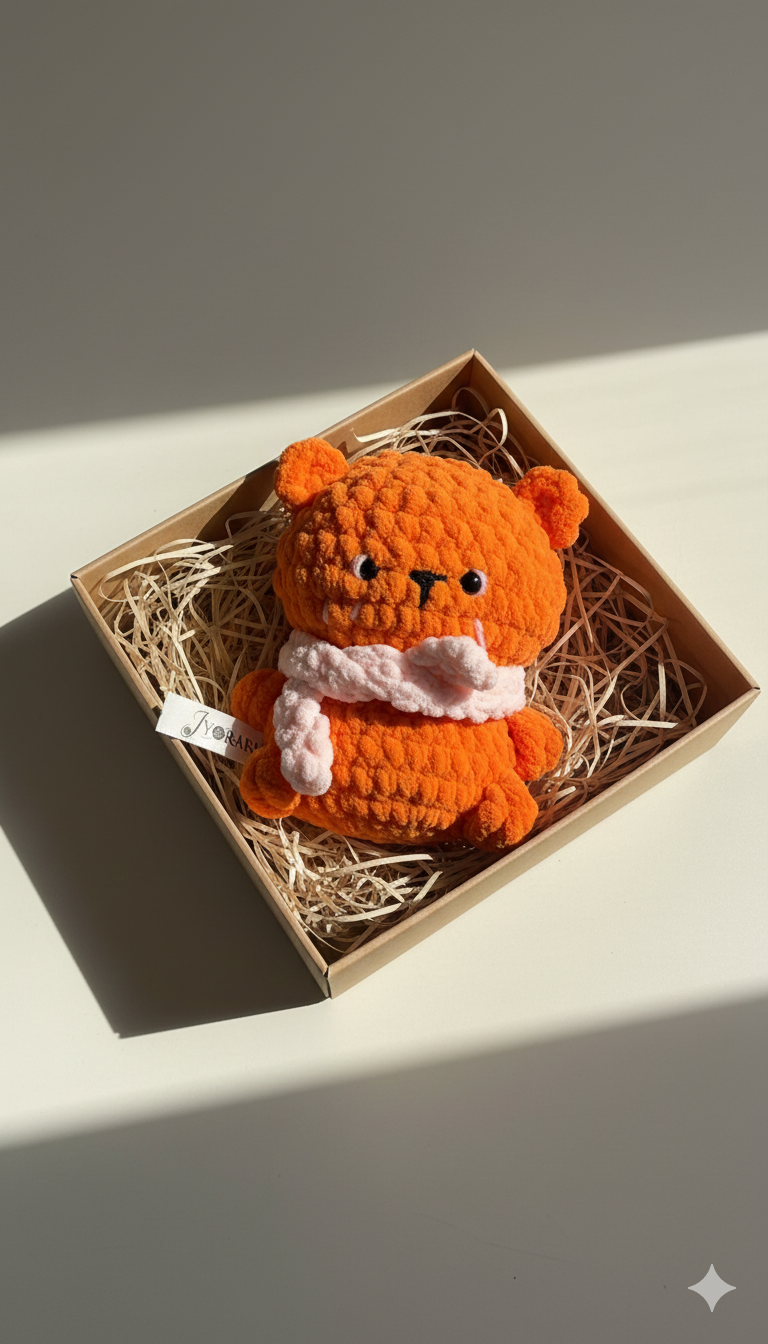 JYORARI Handmade Orange Kawaii Plush Toy with Pink Crochet Scarf – Soft Velvet Yarn Stuffed Animal, Cute Gift for Kids, Babies & Home Décor
