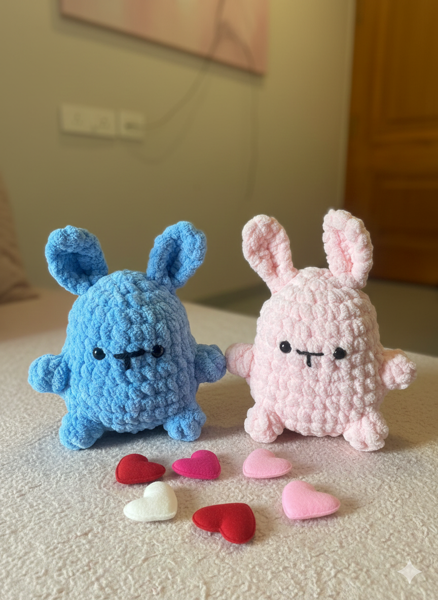 Handmade Crochet Bunny Plush Set – Blue & Pastel Pink Soft Toy | Cute Amigurumi Bunny Pair | Gift for Kids, Baby Shower, Valentine & Nursery Decor