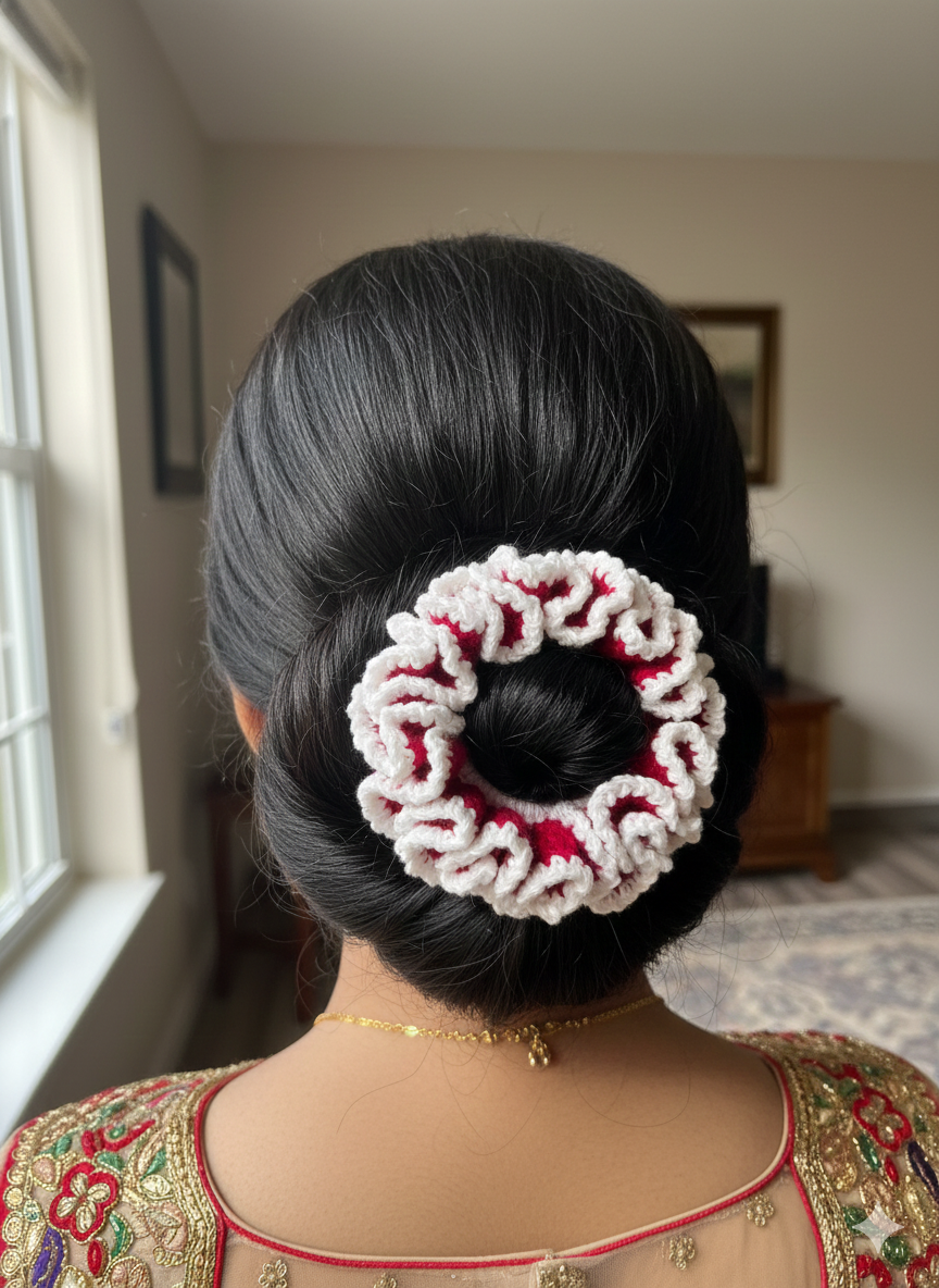 Handmade Crochet Gajra Scrunchie for Women – Floral Hair Bun & Braid Accessory | Traditional Ethnic Hair Tie for Weddings, Festivals & Puja