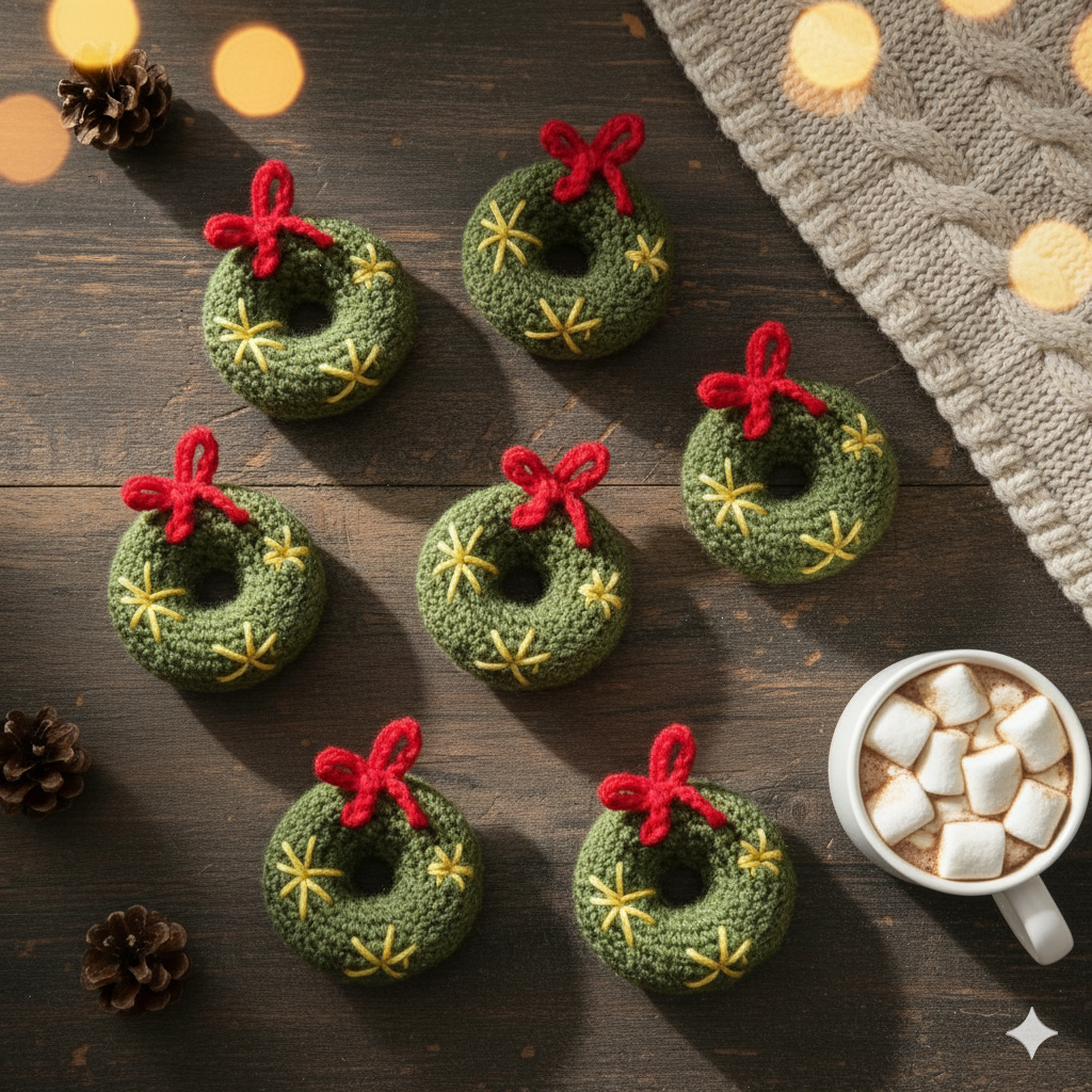 (Set of 12) Handmade Crochet Green Wreath Donut Ornament – Christmas Tree Decoration with Bow & Stars