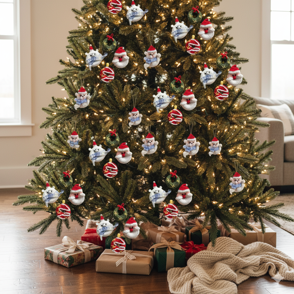 (Set of 12) Handmade Crochet Green Wreath Donut Ornament – Christmas Tree Decoration with Bow & Stars