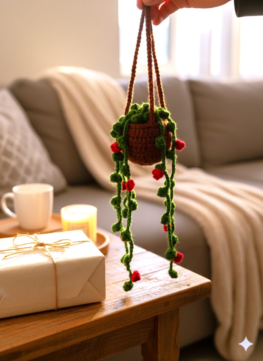 Handmade Crochet Hanging Plant | Boho Wall Décor with Trailing Vines & Flowers | Faux Greenery Home Decoration
