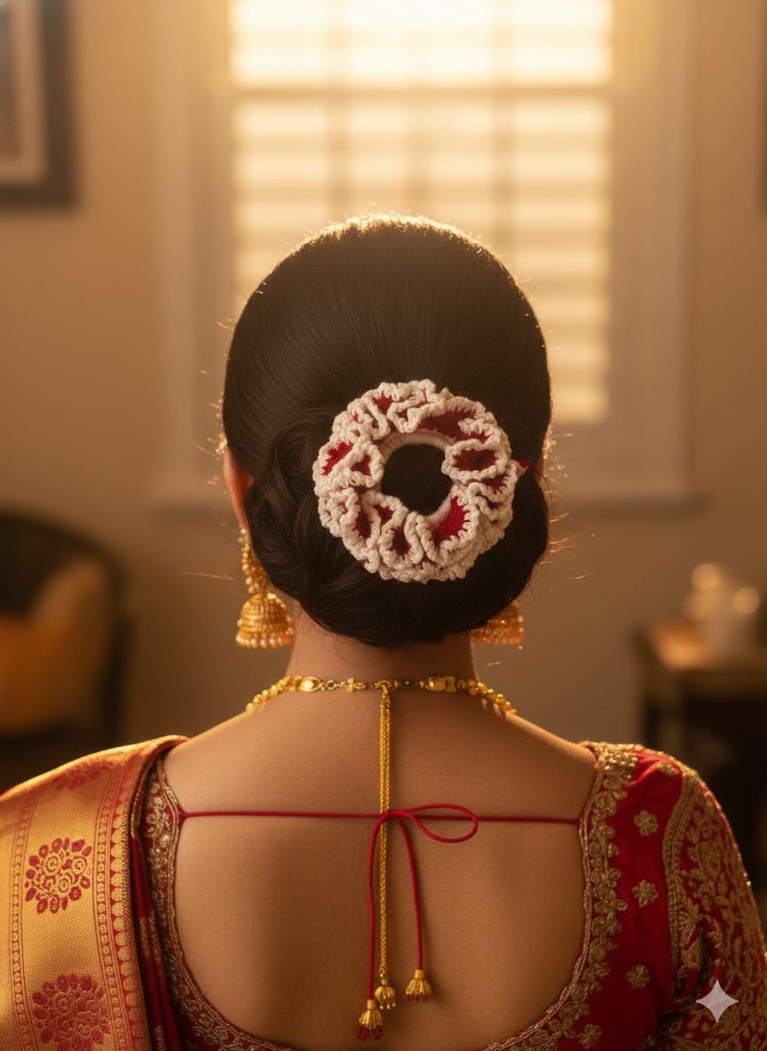 Handmade Crochet Gajra Scrunchie for Women – Floral Hair Bun & Braid Accessory | Traditional Ethnic Hair Tie for Weddings, Festivals & Puja