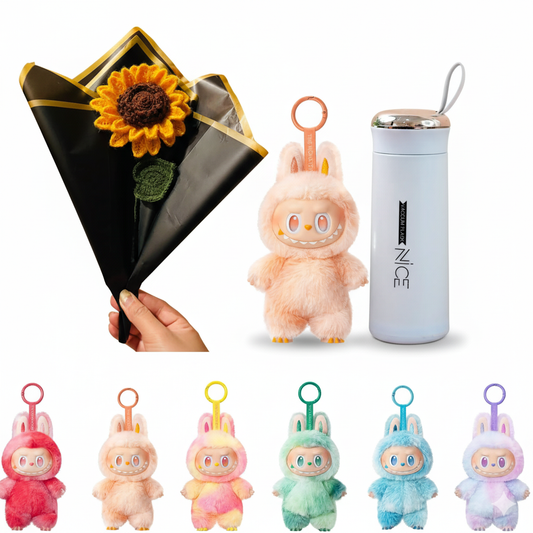 Cute Plush Toy with Crochet Sunflower Bouquet & Stylish Thermos Bottle – Perfect Gift Set for Birthdays, Anniversaries & Special Occasions