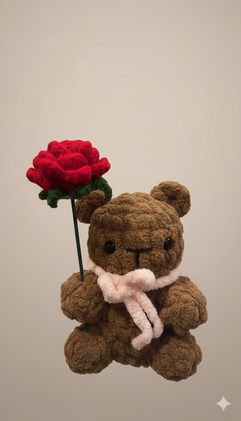 Theo the Comfort Bear | Handmade Crochet Teddy with Flower | Warm & Thoughtful Gift for Love and Support