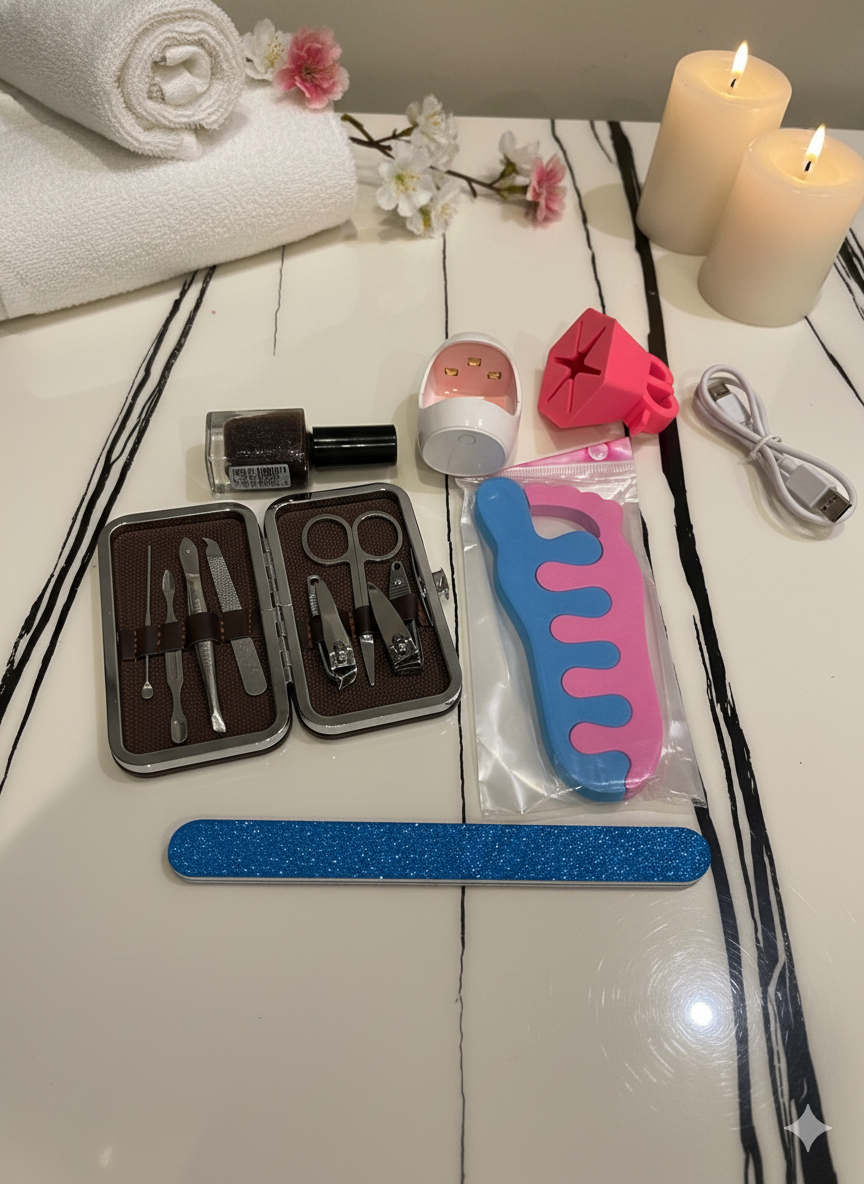 Perfect Gift 12-in-1 Manicure & Pedicure Kit with Nail Clippers, Nail Dryer, Nail Polish Holder, Toe Separators & Glitter Nail File – Complete Home Nail Care Set for Women & Girls (Any Available Color)