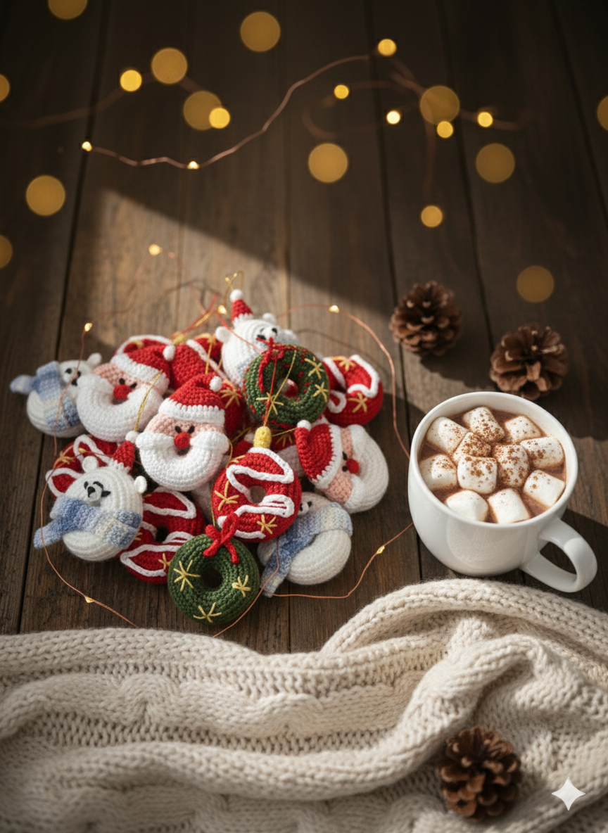 (Set of 12) Handmade Crochet Christmas Tree Ornaments – Santa Donut, Polar Bear, Wreath & Festive Donut Set – Cute Holiday Decorations for Gifting & Home Décor