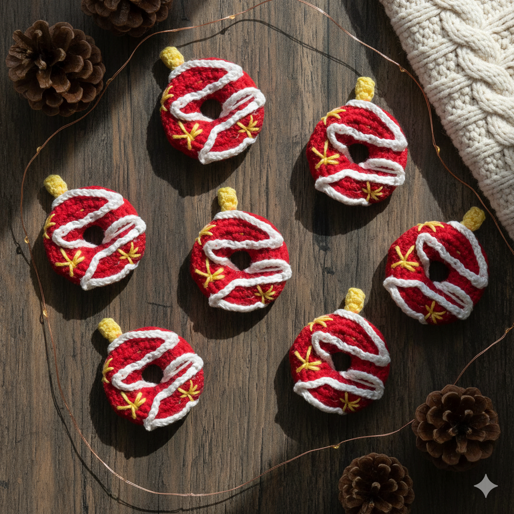 (Set of 12) Handmade Crochet Red Christmas Donut Ornament – Cute Holiday Tree Decoration