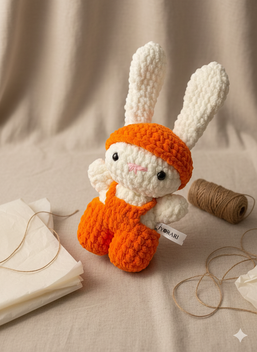 Handmade Crochet Plush Bunny Toy – Soft Stuffed Animal with Orange Outfit