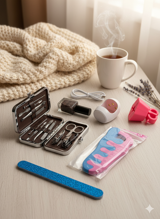 Perfect Gift 12-in-1 Manicure & Pedicure Kit with Nail Clippers, Nail Dryer, Nail Polish Holder, Toe Separators & Glitter Nail File – Complete Home Nail Care Set for Women & Girls (Any Available Color)