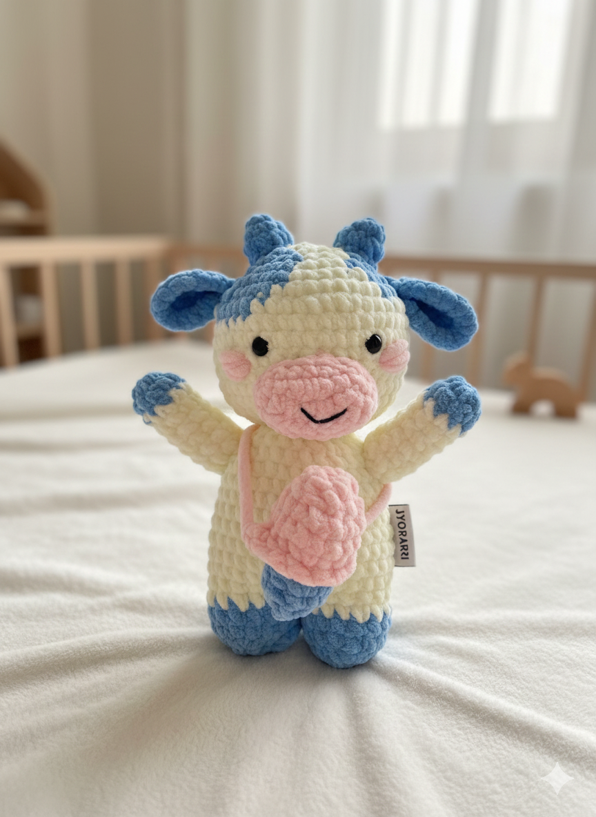 Handmade Crochet Cow Plush Toy – Soft Velvet Amigurumi Cow with Pouch, Pastel Stuffed Animal Gift for Baby, Kids & Nursery Décor