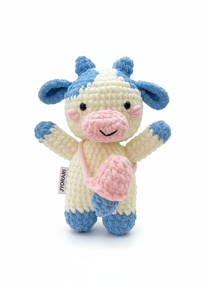 Handmade Crochet Cow Plush Toy – Soft Velvet Amigurumi Cow with Pouch, Pastel Stuffed Animal Gift for Baby, Kids & Nursery Décor